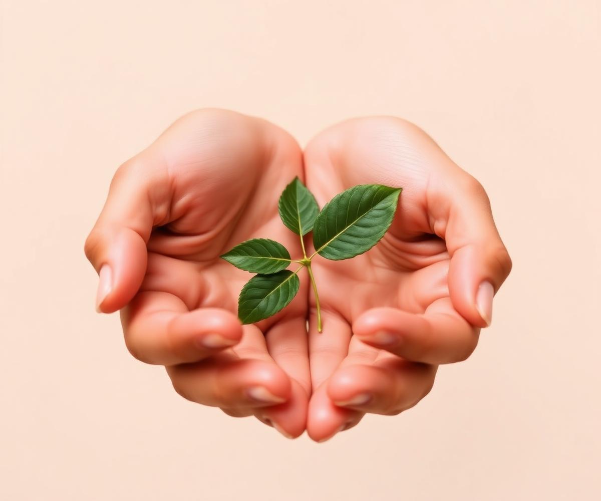 Hands gently holding a small green leaf